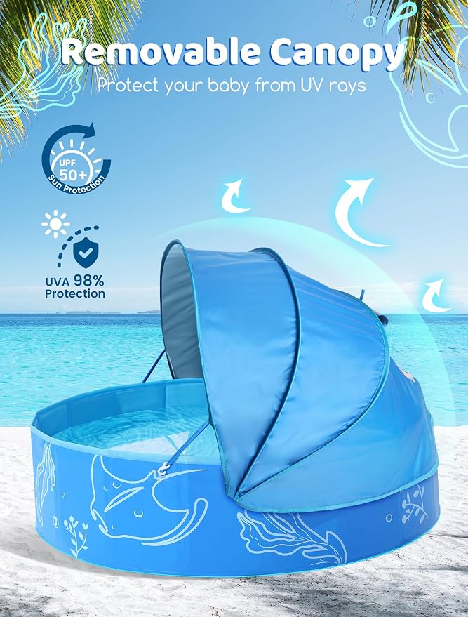 Hikiddy Foldable Kiddie Pool with Canopy, 47in, Blue-Blue | Summer Water Play Pool with Removable Shade - for Baby Toddler Kids Pets - Portable for Outdoor Backyard Beach