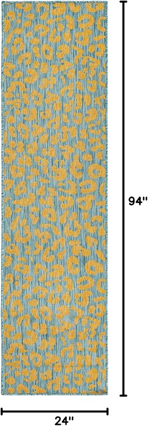 Unique Loom Outdoor Safari Collection Area Rug - Leopard (2' x 7' 10" Runner, Blue Yellow/ Blue)