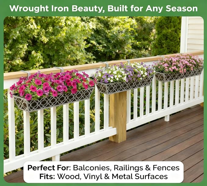 Y&M 30'' Hanging Railing Planter Box Set with Black Non-Woven Fabric Liner, 2 Pcs Large Metal Flower Boxes with Adjustable Brackets for Balcony, Deck, Fence, and Garden - Gray