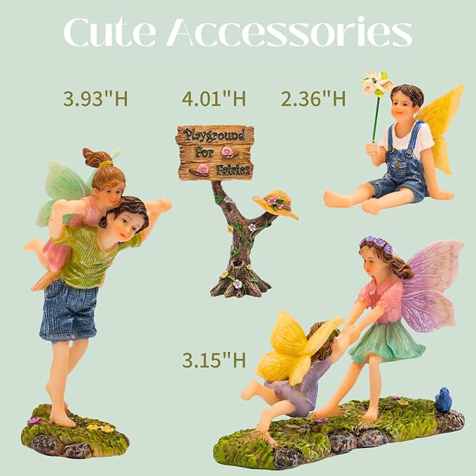 PRETMANNS Fairy Garden Accessories Kit with Fairy Figurines - Outdoor Indoor Miniature Garden Fairies Set - Hand Painted Garden Fairy Figures for Fairy Village - 4 Piece Playground