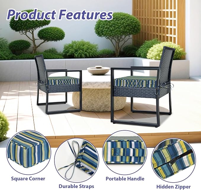 IPYNBAP Outdoor Chair Cushions Set of 4 -Waterproof Outdoor Seat Cushions for Patio Furniture, Patio Chair Cushion with Handle and Ties, Out Door Chair Pads,18.5x16x3-Square, Blue Stripe