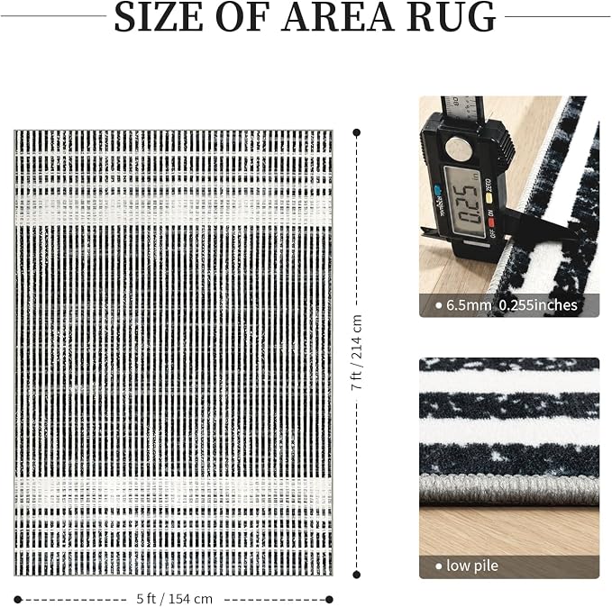 Washable 5x7 Modern Striped Area Rug, Abstract Living Room Rug | Black Beige, Soft Low Pile, Skin Friendly, Non-Slip for High Traffic, Bedroom Vintage Braided Paid Style Home Decor