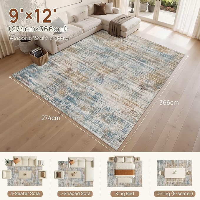 UERMEI 9x12 Area Rug for Living Room Washable Abstract Blue Brown Carpet | Low Pile Non-Slip Soft Neutral Modern Kid Pet Friendly Large Rugs For Bedroom Dining Room Nursery Office Indoor Decor