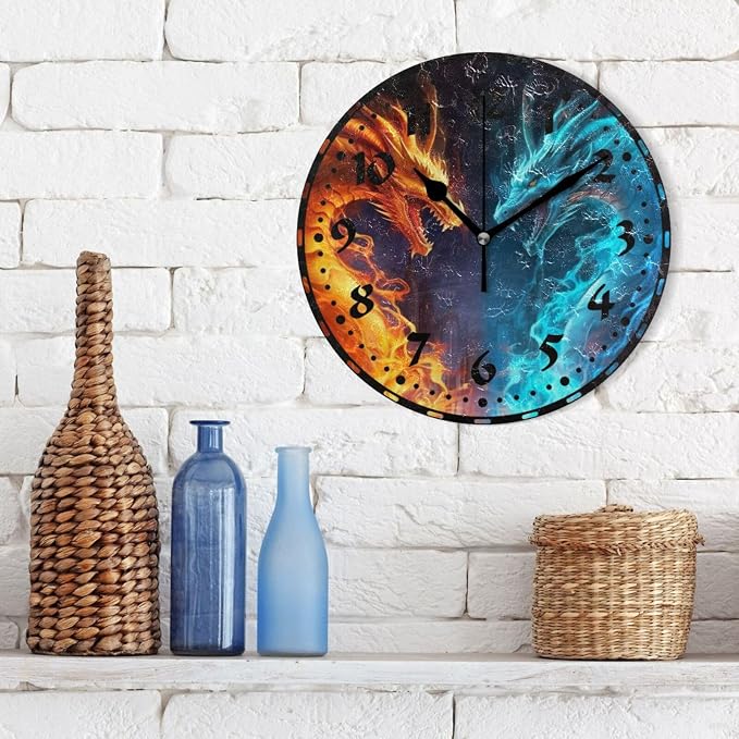Fire and Ice Dragon Wall Clock, Silent Non Ticking 10 Inch Battery Operated Wall Clocks, Easy to Read Clock for Home Kitchen Living Room Bathroom Office Decor