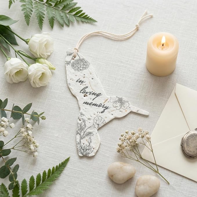 Plantable Memorial Gift Tags with Wildflower Seeds – 48 Pack Black & White Hummingbird-Shaped Writable Gift Wrap Tags for Funeral Favors, Sympathy Gifts & Celebration of Life Keepsakes