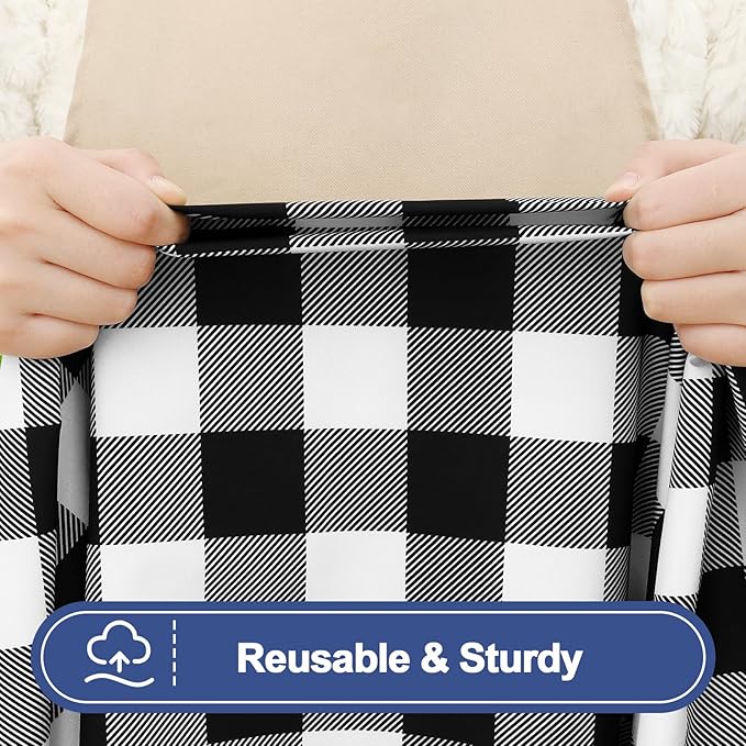 Smiry Picnic Table Cover with Bench Covers, Waterproof Elastic Fitted Tablecloths for 6 Foot Rectangle Tables, Washable Buffalo Plaid Tablecloth for Camping, Outdoor (Black & White, 30"x72")