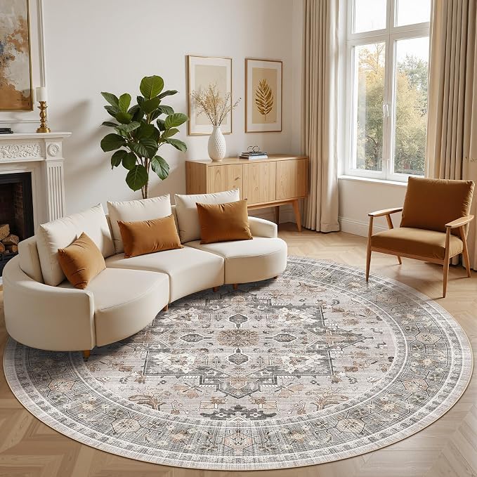 Washable Area Rug-8X8 Vintage Neutral Soft Taupe | Non Slip Thin Foldable Large Floor Carpet for Living Room Bedroom Kitchen Dining Room Home Office Farmhouse Indoor