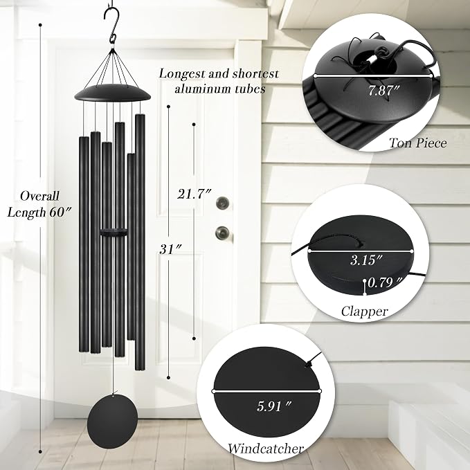 60" Extra Large Wind Chimes with Outside Deep Tone, 6 Thick and Bold Aluminum Tubes, Coolest Metal Windchimes Outdoors, Unique Gift for Mom Women Grandma Neighbors, Garden Decoration(Black)