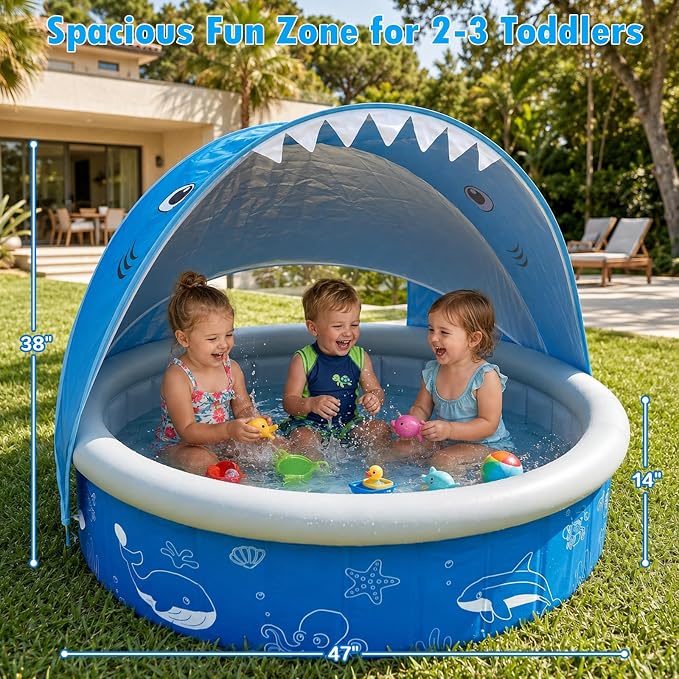 Kiddie Baby Pool with Canopy Sprinkler, 47in Foldable Toddler Pool | Anti-Slip Baby Swimming Pool with Shade, Portable Small Pool & Ball Pit for Kids Age 1-6, Backyard Outdoor Water Play Toy
