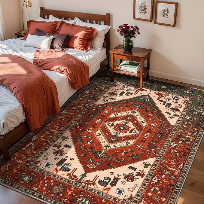 SERISSA Area Rug 3x5 Boho Rugs for Bedroom, Washable Non-Slip Living Room Rug, Ultra Soft Print Distressed Vintage Terracotta Green Rug Low-Pile Throw Carpet for Entry Kitchen Bedroom Nursery Dorm