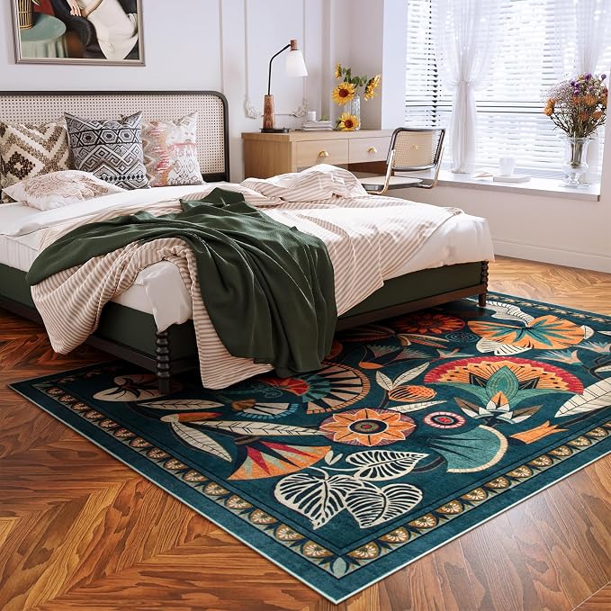 Zealude Boho Egypt Green Area Rugs for Living Room Bedroom, 5x7 Washable Large Dining Room Rug Non Slip, Floral Vintage Farmhouse Throw Carpet for Office Hardwood Floor Playroom (Dark Green,5 x 7)