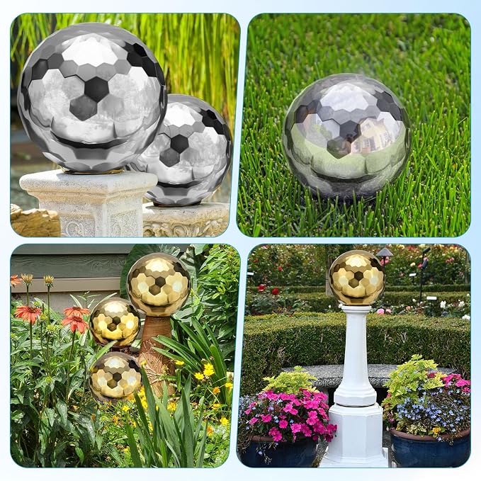 M METERXITY 1-Pack Garden Gazing Globes Ball Sculptures Diamond 6 Inch 304 Stainless Steel Hollow Mirror Reflective Floating Ball for Garden/Pond/Home/Yard Outdoor Decoration [Gold]