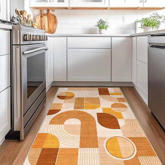 3x5 Geometric Area Rug for Bedroom Orange Mid Century Modern Rug | Washable Orange Abstract Rugs Low Pile Non-Slip Floor Carpet for Kitchen Living Room Dining Room Bedroom Entry