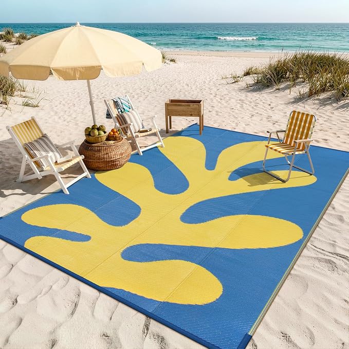 Lahome Coastal Coral 8x10 Outdoor Beach Pool Rug, Plastic Camping Rugs for Outside Your Rv, Lightweight Waterproof Outdoor Carpets for Picnic Patio, Blue/Yellow 8'x10'