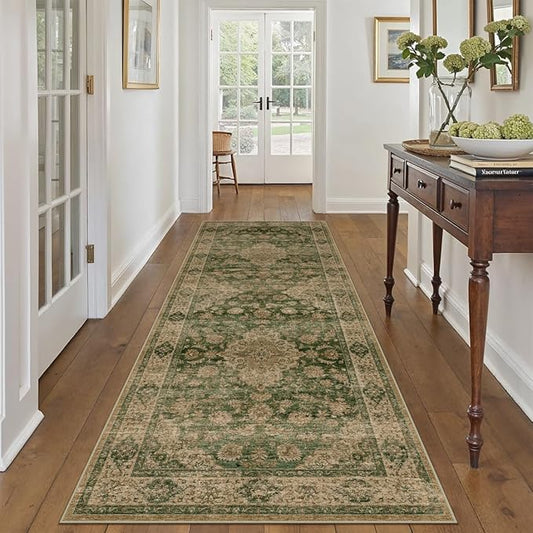 HUGEAR 3x10 Runner Rug Hallway Machine Washable Retro Green Vintage Floral Low Pile Carpet Distressed Long Throw Rug Bedroom Office Bathroom Kitchen Laundry Non Slip Soft Lightweight