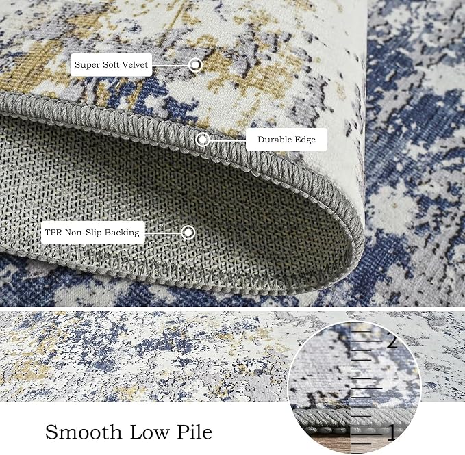 Toneed 4x6 Washable Non Slip Abstract Area Rugs for Bedroom Living Room | Soft Modern Low Pile Rug for Kitchen Hallway Office,Indoor Carpet for Kids Nursery Home Decor, Blue White Gold