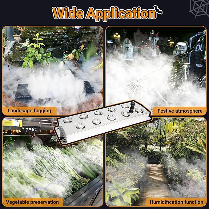 Ultrasonic Mist Fogger Maker 10 Heads, Mist Maker Fogger 7000ml/H | 350W & IP67 Waterproof Power Supply, with 2 Floats & 10 Atomizer Heads Replacements, Perfect for Pond, Greenhouse, Halloween