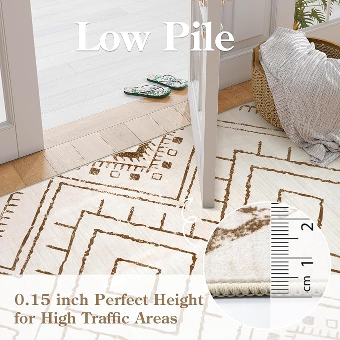 LIVEBOX Western 5x7 Area Rug, Beige Washable Rugs for Living Room Bedroom, Non Slip Moroccan Tribal Rug Low Pile Geometric Soft Boho Area Rugs Diamond Carpet for Dining Room, Nursery Room, Playroom