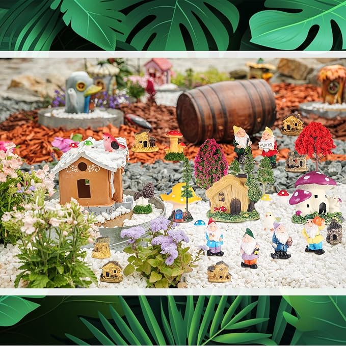 58 Pcs Miniature Garden Set Gnome Mushrooms Animals Fairy House Diorama Supplies Fairy Village Mini Terrarium Figurines Micro Landscape Ornament Mixed Tree for DIY Garden Succulent Dollhouse decor