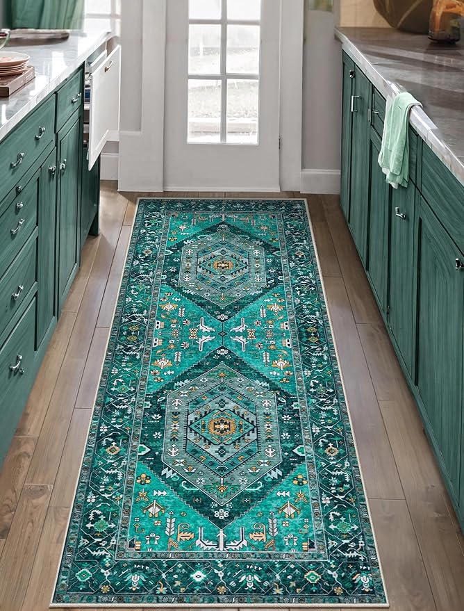SERISSA 2x5 Washable Non Slip Boho Runner Rug for Hallway，Teal | Ultra Soft Vintage Oriental Carpet Low-Pile Distressed Tribal Floor Carpet for Kitchen Bedroom Bathroom Laundry Living Room