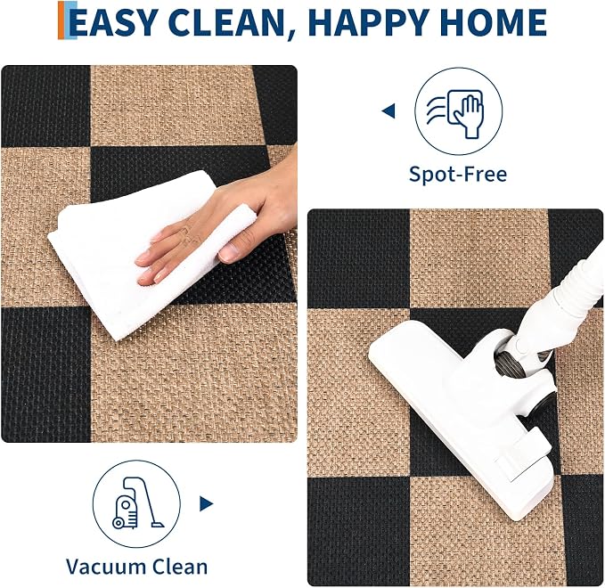 Garvee 2x6 Runner Rug Kitchen Rugs Non Slip Washable Rug, Black/Brown | Easy Jute Modern Checkered Rug Hallway Runner Rug Stain Resistant Easy Cleaning Non Shedding Floor Cover for Laundry Entryway