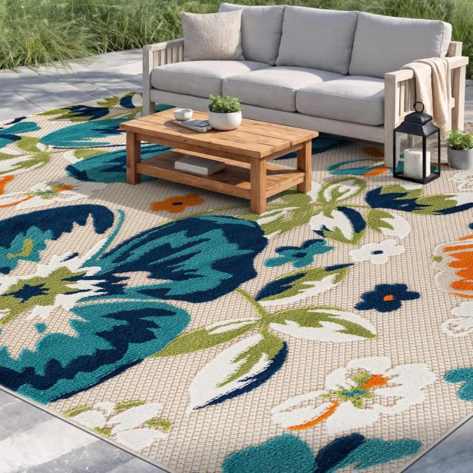 Rugshop Bergamo Contemporary Floral Indoor Outdoor Area Rug, Non-Shedding Carpet for Patio Deck Backyard or Garden Multi 7'10" x 10'