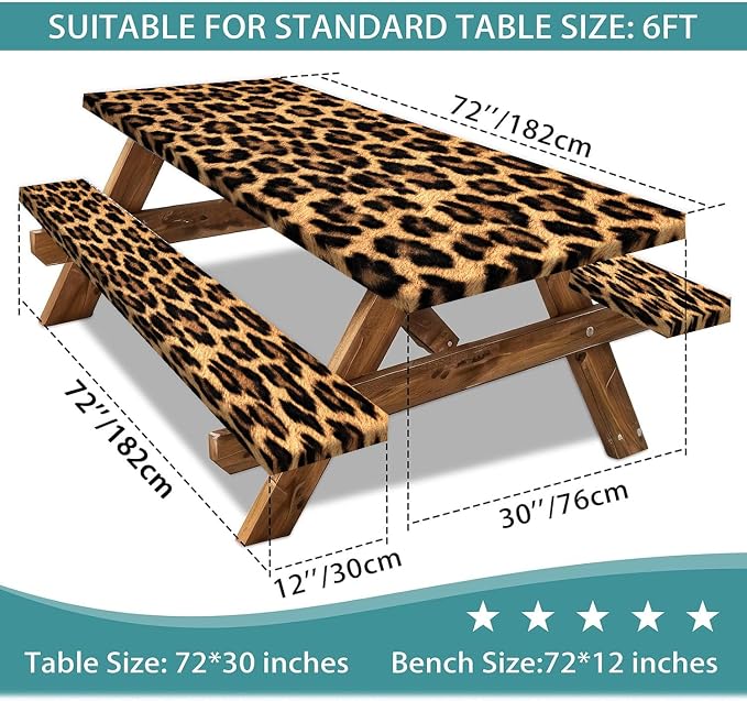 Picnic Table Cover with Bench Covers and Bag, Cheetah Leopard Print Waterproof Windproof, Fitted Tablecloth Cover with Elastic Edge, for Indoor & Outdoor, Garden, Camping, 3 Pieces Set, 30x72 Inch