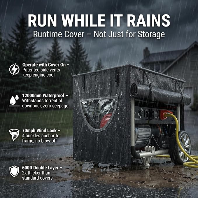 Runtime Generator Cover, 100% Waterproof Generator Cover, Double Layer Design, All Weather Use, Extra Heavy Duty 600D Water Resistant Polyester Tarp, 32"x24"x24", Tear-resistant, black.