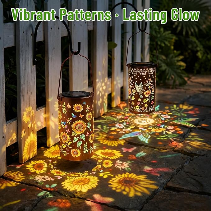 2 Pack Colorful Solar Outdoor Lanterns Waterproof - Sunflower + Hummingbird Solar Lantern Hanging Solar Light for Courtyard & Garden Decor, Ideal Birthday Gifts Mothers Day Gifts for Mom Wife Grandma