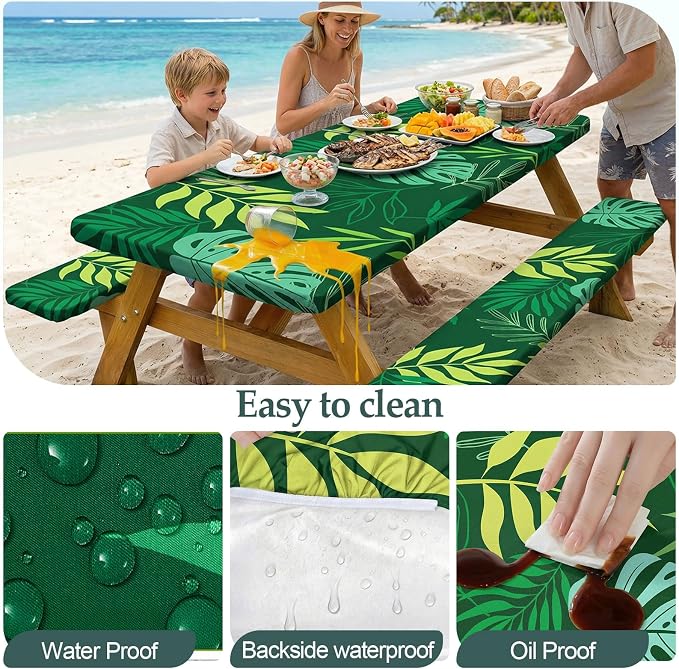 Picnic Table Cover with Bench Covers Camping Essentials Waterproof Windproof Camping Tablecloth with Drawstring Bag, Fitted Rectangle Tables and Seats, 72in, Dark Green