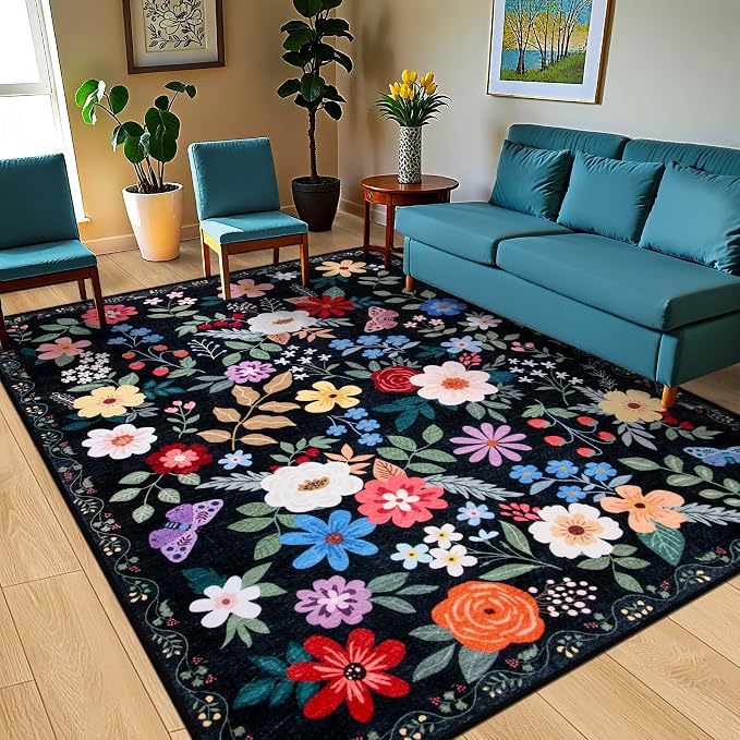PLHXFR 8x10 Area Rug Living Room: Floral Washable Boho Soft Carpet Black | For Bedroom Dining Room Farmhouse Nursery Hallway,Vintage Floral,Machine washable,Non Slip,Stain Resistant,Large Indoor