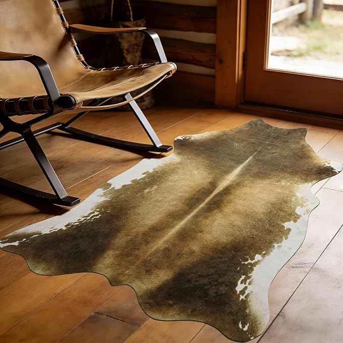 Washable Non Slip Faux Cowhide Rug 2x3 Brindle and White, Small Indoor Front Door Entryway Mat, Western Rustic Cottagecore Decor Animal Print Throw Layering Rug for Dorm Room