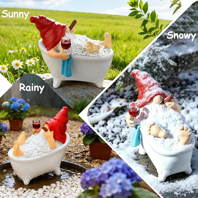 Toncoke Funny Garden Gnomes for Outdoor, 7 Inch Gnomes Decorations for Yard with Bathtub & Wine Glass, Gnome Garden Decor for Home Patio Lawn, Gnomes Gifts for Women Spring Summer Christmas Halloween