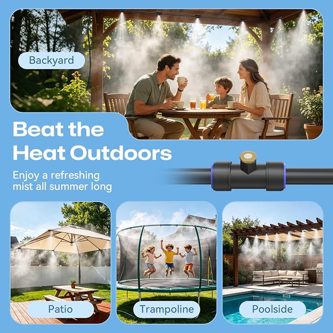 Misters for Outside Patio 100FT, Pre-Assembled WaterMisting Cooling System with 30 Brass Nozzles & 3/4" Adapter, Outdoor Mister Kit for Backyard, Garden, Greenhouse, Chicken Coop, Dog House