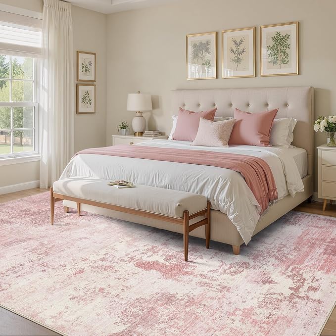 UERMEI 9x12 Area Rug Living Room Rugs - Washable Neutral Modern Abstract Soft Thin Large Rug Indoor Floor No Slip Rug Carpet for Bedroom Under Dining Table Home Office Decor - Pink