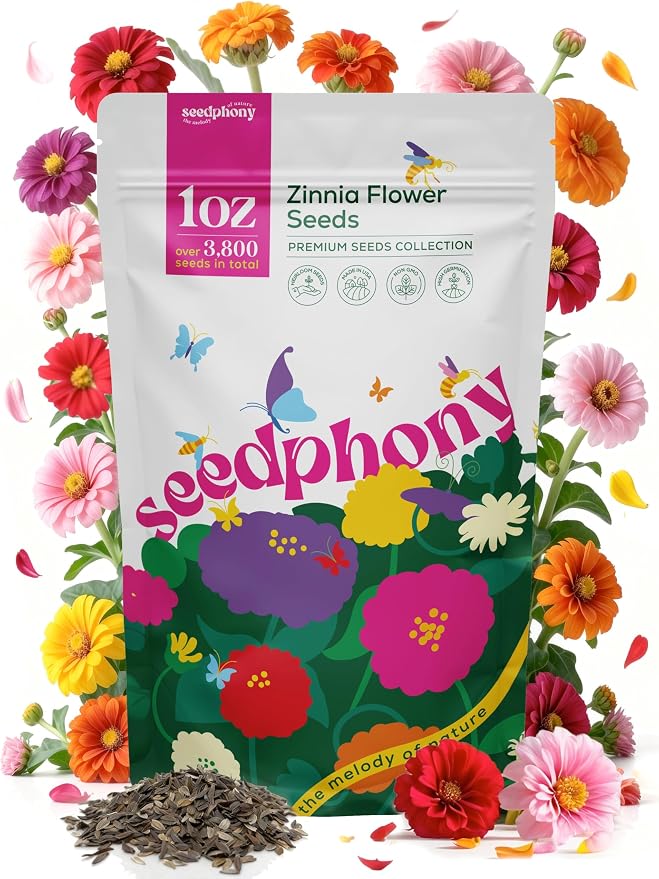 Seedphony Zinnia Seeds Pack 1 oz - 3,800 Non-GMO Heirloom Zinnia Seeds for Planting, Perennial Flowers in Waterproof Seed Packet, Wildflower Seeds for Planting Garden Indoor & Outdoor Gardening