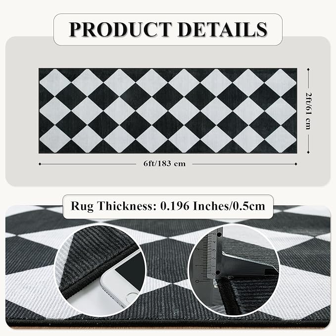 Beeiva Checkered Print Black Bathroom Runner Rug 2x6, Washable Ultra Thin Non Slip Laundry Room Rug Moroccan Stain Resistant Kitchen Runner, Modern Trellis Carpet for Hallway Bedroom Entryway Decor