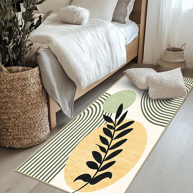 Green Boho Rug 2x6 Hallway Runner Rugs Mid Century Modern Rugs | Washable Geometric Tropical Leave Rug Low Pile Non-Slip Abstract Long Carpet for Kitchen Bedroom Doorway Bathroom Laundry