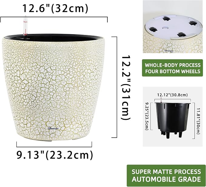 Dexceder 13x12 Self Watering Planter with Wheels (White Gold Crackle) | Inner Pot Design, Thickened Large Floor Standing Flower Plant Pot with Water Level Indicator Indoor Outdoor