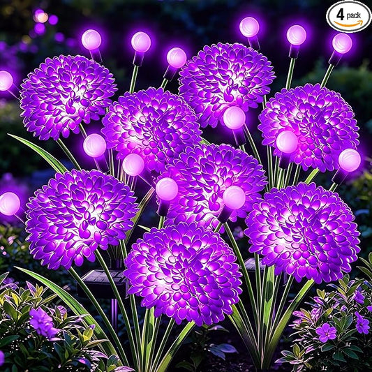 VOOKRY Solar Flowers Outdoor Waterproof, 4 Pack Purple Garden Lights with Swaying Firefly Lights, Flower Light Garden Decor for Yard Patio Pathway Lawn Grave, Gardening Gifts for Women Birthday