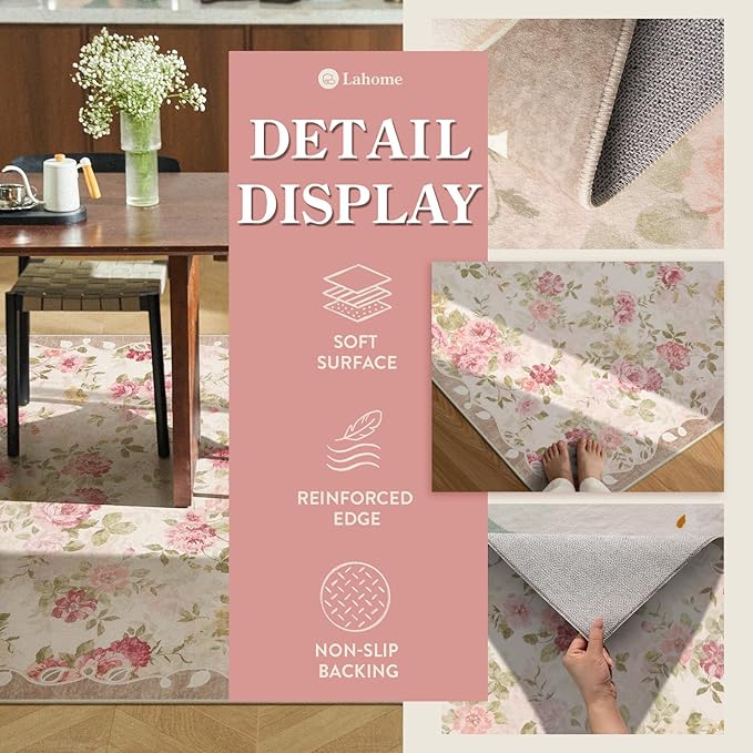 Lahome Floral Washable Rugs 5x7,Rugs for Living Room Pink Area Rug,Vintage Rugs for Bedroom Girls Non Slip Low Pile Ultra-Thin Large Carpet for Office Dining Room,Kids Playroom Nina (5'X7',Beige)