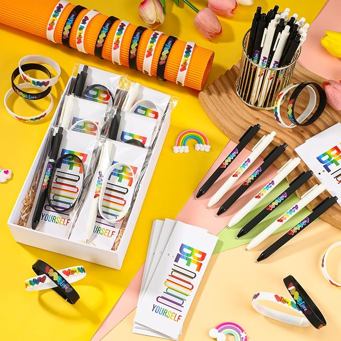 Spakon 100 Set Gay Pride Gifts Rainbow Silicone Wristband Bracelet LGBT Retractable Ballpoint Pen Black Ink Gift Cards with Twist Ties Pride Decorations for Parades Rainbow Festival Gay Pride Month