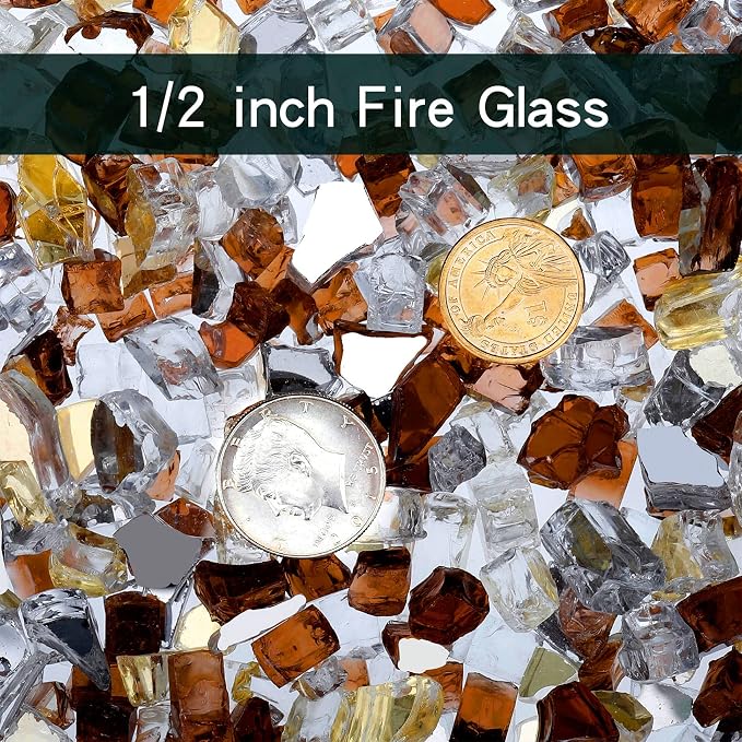 Onlyfire 10 Pounds Blended Reflective Fire Glass for Fire Pit Fireplace and Landscaping, 1/2 Inch Mixed Colored High Luster Fireglass Rocks for Outdoor and Indoor Use - Gold+Platinum+Copper