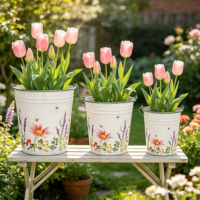 3-Piece Floral Metal Planter Bucket Set - Rustic Lavender Decorative Flower Pots for Succulents, Herbs & Indoor/Outdoor Garden, Flower Arranging, Wedding Party Home Decor Accents