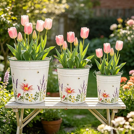 3-Piece Floral Metal Planter Bucket Set - Rustic Lavender Decorative Flower Pots for Succulents, Herbs & Indoor/Outdoor Garden, Flower Arranging, Wedding Party Home Decor Accents
