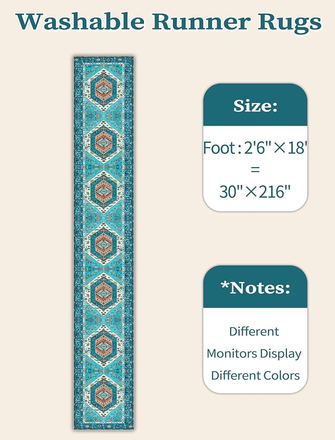 SERISSA 2'6"x18' Washable Non Slip Boho Runner Rug for Hallway，Blue | Ultra Soft Vintage Oriental Carpet Low-Pile Tribal Floor Carpet for Kitchen Bedroom Entryway Bathroom Laundry Room
