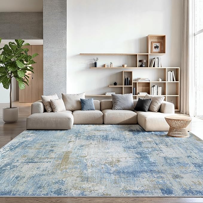 AMADA HOMEFURNISHING 9x12 Area Rugs for Living Room, Modern Large Area Rugs with Non-Slip Backing & Low Pile, Neutral Soft Washable Rug for Nursery, Bedroom, Dinning Room, Playroom, Light Blue
