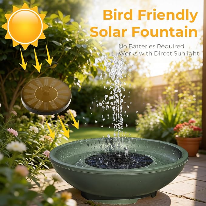 Solar Fountain Bird Bath for Outside, 12.5" Outdoor Green Birdbath Bowl Fountain with 6 Nozzles Freestanding Ground Bird Playing Bowl for Garden/Patio/Yard/Balconies and Lawns Decor