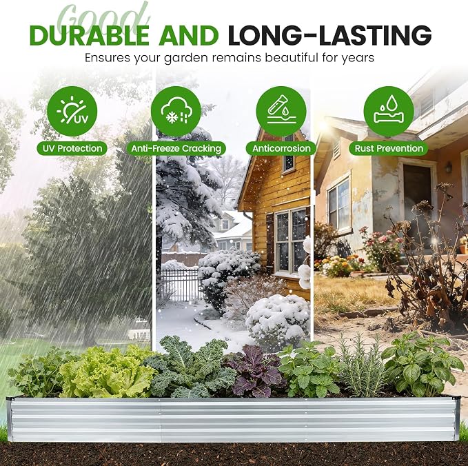 G GOOD GAIN 12x4x1ft Galvanized Raised Garden Bed, Heavy-Duty Metal Planter Boxes Outdoor for Vegetables Flowers Herbs, Silver(1 Pack)