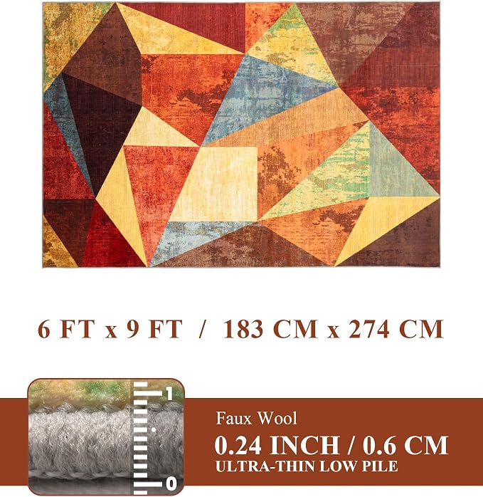 Orange Area Rug 6x9 for Living Room,Geometric Burnt Orange Area Rug Non Slip,Farmhouse Rugs Washable,Vintage Burgundy Carpets for Bedroom, Boho Rug for Kitchen,Dining Room